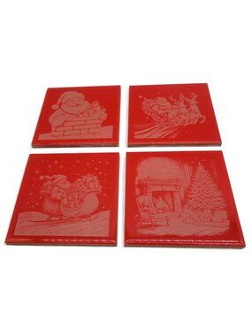 Christmas Tile Ceramic Engraved Santa Sleigh And Fireplace Scenes Set of 4